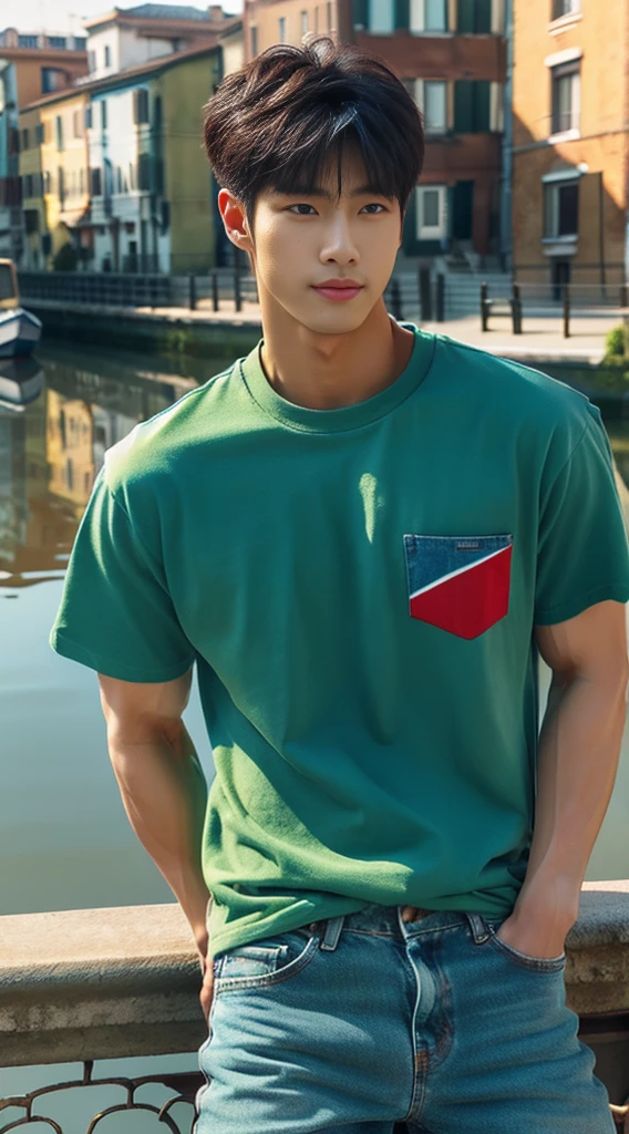 ((realistic daylight)) , Young Korean man in a green t-shirt Denim shirt, jeans, A handsome, muscular young Asian man looks at the camera. In a simple t-shirt blue and red , Along the canal ,turn sideways