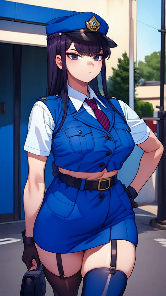 a cartoon character in a sexy suit posing on the street with a bush, police officer, police uniform, 1 girl, police woman, shirt, skirt, hat, tie, police cap, blue eyes, gloves, breasts, purple hair very dark, thighs, solo, navel, garter straps, looking at viewer, short sleeves, large breasts, underwear, miniskirt, midriff, ass visible through thighs, panties, outdoors, indentation, braid, hand in hand hip, belt, black skirt, uniform, collared shirt, frown, thigh highs, peaked cap, crop top, black panties, blue shirt, chest pocket, V-shaped eyebrows, Eiko Tsukimi, blue eyes, purple hair very dark baseball cap