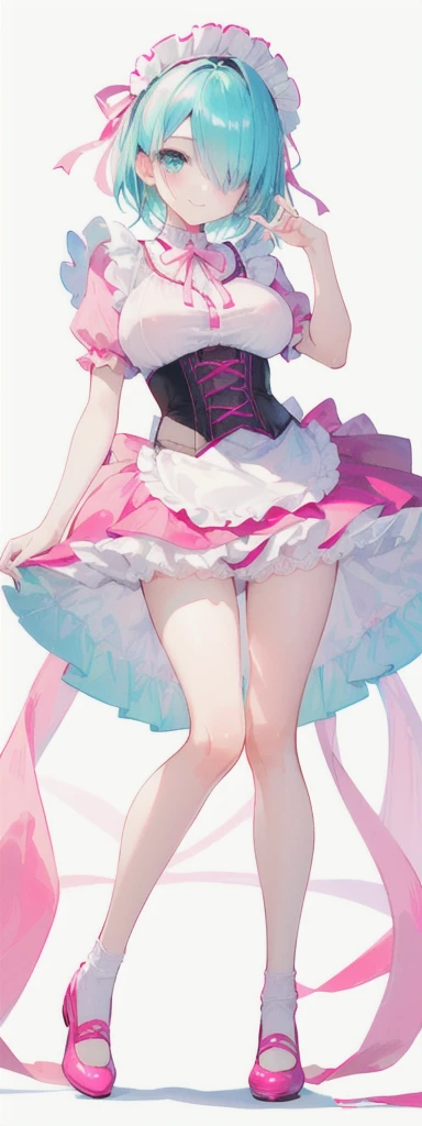 (short pink hair) blue eyes, (Eyes behind long bangs) big breasts, using accessories (using socks) perfect shiny beautiful pink shoes (Wearing luxurious palace pink maid clothes Perfect perfect noble) Pose facing sideways (Girl1, straight pinky hair not too long, bangs covering one eye, soft face, gentle smile) ((Standing position with long legs, bare thighs, image position visible from bottom of feet to top of head) SHORT pink hair, beautiful blue eyes (Free pose, right hand down, left hand down, ((Free pose))smile kawai, (blank white background) Wearing a pink corset, (Using a beautiful bright pink ribbon) Kawai shy cute eyes (cyan colored shoes must be shiny, Must wear short white socks) ((short skirt)) short sleeves (image according to tag) pink pink pink pink pink pink pink pink pink pink pink pink pink pink pink pink pink pink Long slim legs Long slim legs Long slim legs Long slim legs Long slim legs Long slim legs
