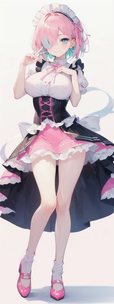 (short pink hair) blue eyes, (Eyes behind long bangs) big breasts, using accessories (using socks) perfect shiny beautiful pink shoes (Wearing luxurious palace pink maid clothes Perfect perfect noble) Pose facing sideways (Girl1, straight pinky hair not too long, bangs covering one eye, soft face, gentle smile) ((Standing position with long legs, bare thighs, image position visible from bottom of feet to top of head) SHORT pink hair, beautiful blue eyes (Free pose, right hand down, left hand down, ((Free pose))smile kawai, (blank white background) Wearing a pink corset, (Using a beautiful bright pink ribbon) Kawai shy cute eyes (cyan colored shoes must be shiny, Must wear short white socks) ((short skirt)) short sleeves (image according to tag) pink pink pink pink pink pink pink pink pink pink pink pink pink pink pink pink pink pink Long slim legs Long slim legs Long slim legs Long slim legs Long slim legs Long slim legs