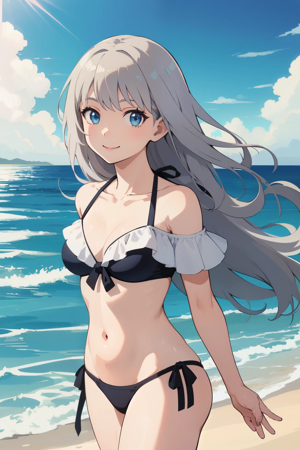 ((Highest quality)), ((masterpiece)), (detailed), Perfect Face, Perfect Arms, Perfect hands, Perfect Fingers, anime, Ultra-fine illustration, ((1 person)), Cute girl, Gray Hair, Blue Eyes, (Smile:1.3), {(Black off-the-shoulder swimsuit)}, (bikini), Ocean, sun, field, Are standing, (Arms at your sides), Cowboy Shot,