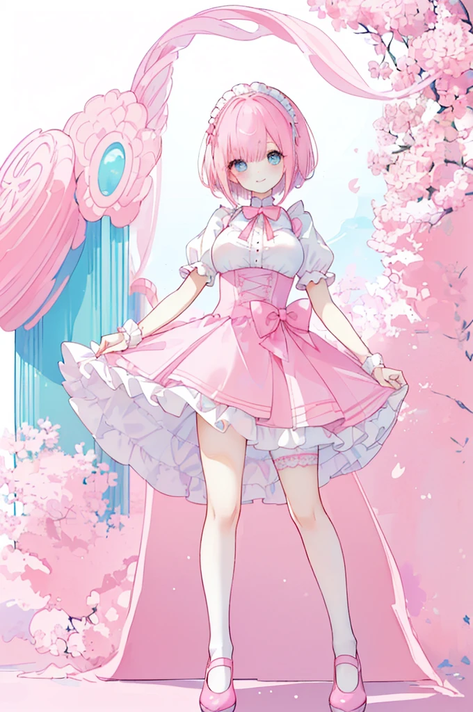 (short pink hair) blue eyes, (Eyes behind long bangs) big breasts, using accessories (using socks) perfect shiny beautiful pink shoes (Wearing luxurious palace pink maid clothes Perfect perfect noble) Pose facing sideways (Girl1, straight pinky hair not too long, bangs covering one eye, soft face, gentle smile) ((Standing position with long legs, bare thighs, image position visible from bottom of feet to top of head) SHORT pink hair, beautiful blue eyes (Free pose, right hand down, left hand down, ((Free pose))smile kawai, (blank white background) Wearing a pink corset, (Using a beautiful bright pink ribbon) Kawai shy cute eyes (cyan colored shoes must be shiny, Must wear short white socks) ((short skirt)) short sleeves (image according to tag) pink pink pink pink pink pink pink pink pink pink pink pink pink pink pink pink pink pink Long slim legs Long slim legs Long slim legs Long slim legs Long slim legs Long slim legs