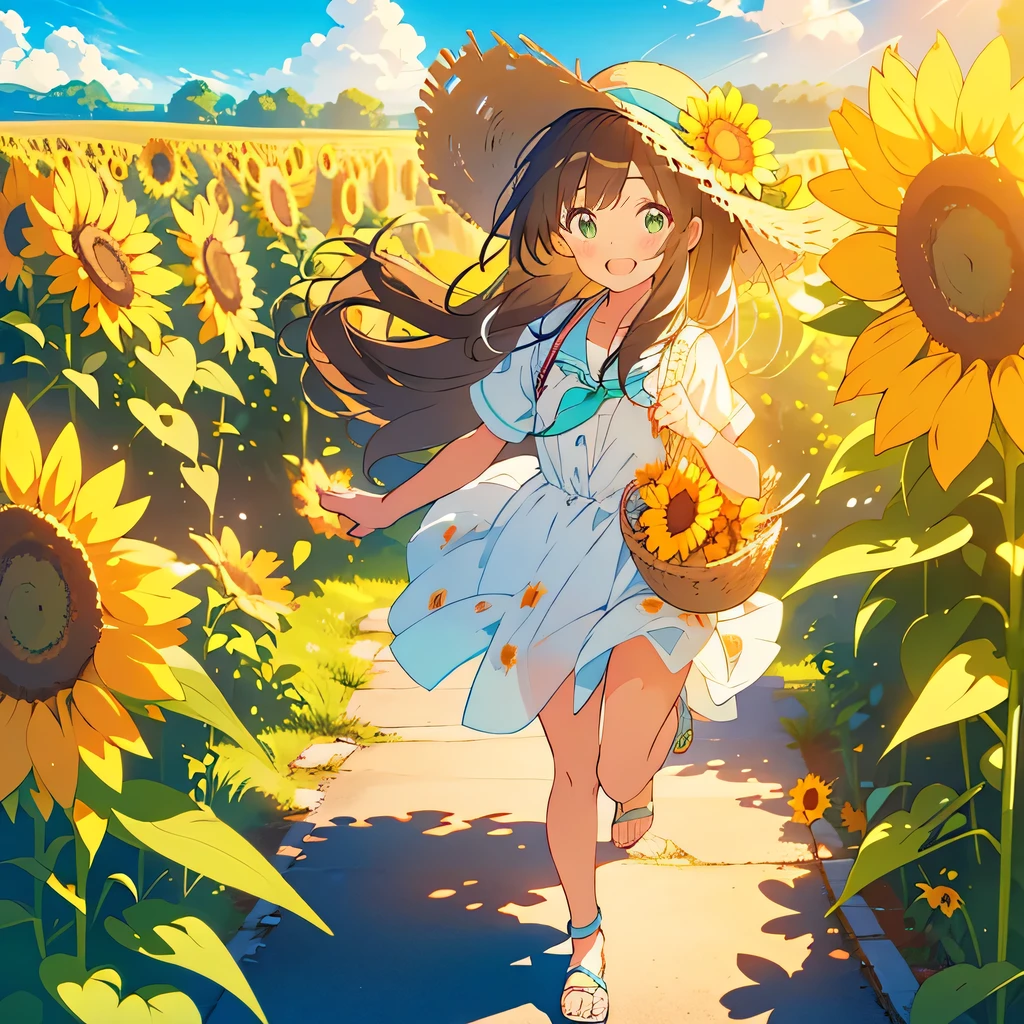 kawaii, anime, Cute, hyper quality, highly detailed, 16k, Front facing, Clarity, brown long hair, green eyes, smile, short young kindergartener, holding a bouquet of sunflowers, present a bouquet of flowers, cumulonimbus, summer, sunshine, whole body, moving posture, hair dances, Fluffy feeling, A big smile, open your mouth and laugh, countryside road, summer vacation, straw hat, sweat dripping, pool bag, wearing sandals, pure white one piece, cat at my feet, Draw the face in detail, blue sky, 	