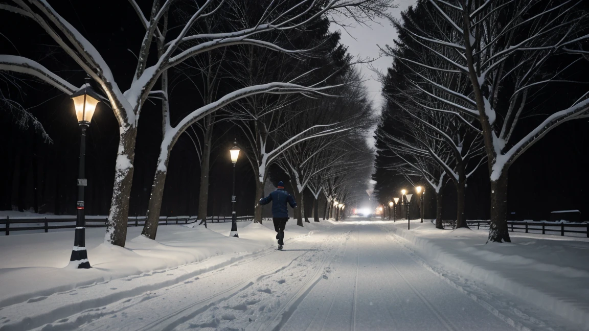 "A man runs through a snowy path at night, the dark trees and flickering street lamps creating a sense of urgency and fear. His breath is visible in the cold air, and the snow-covered ground reflects the dim light, adding to the eerie, desperate atmosphere.
