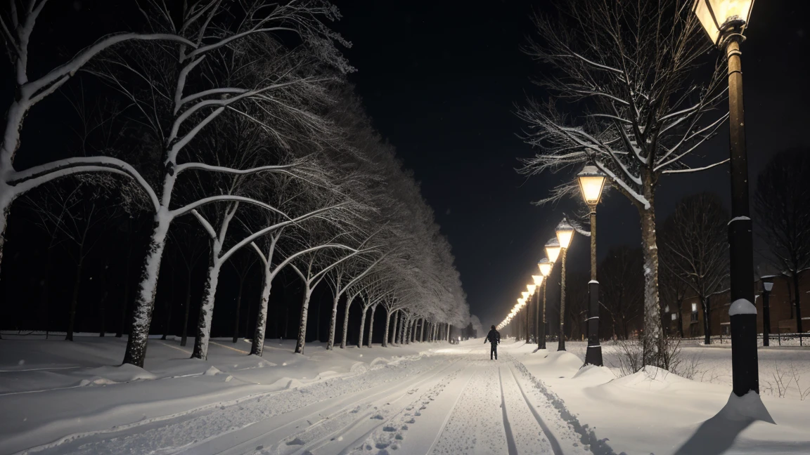 "A man runs through a snowy path at night, the dark trees and flickering street lamps creating a sense of urgency and fear. His breath is visible in the cold air, and the snow-covered ground reflects the dim light, adding to the eerie, desperate atmosphere.