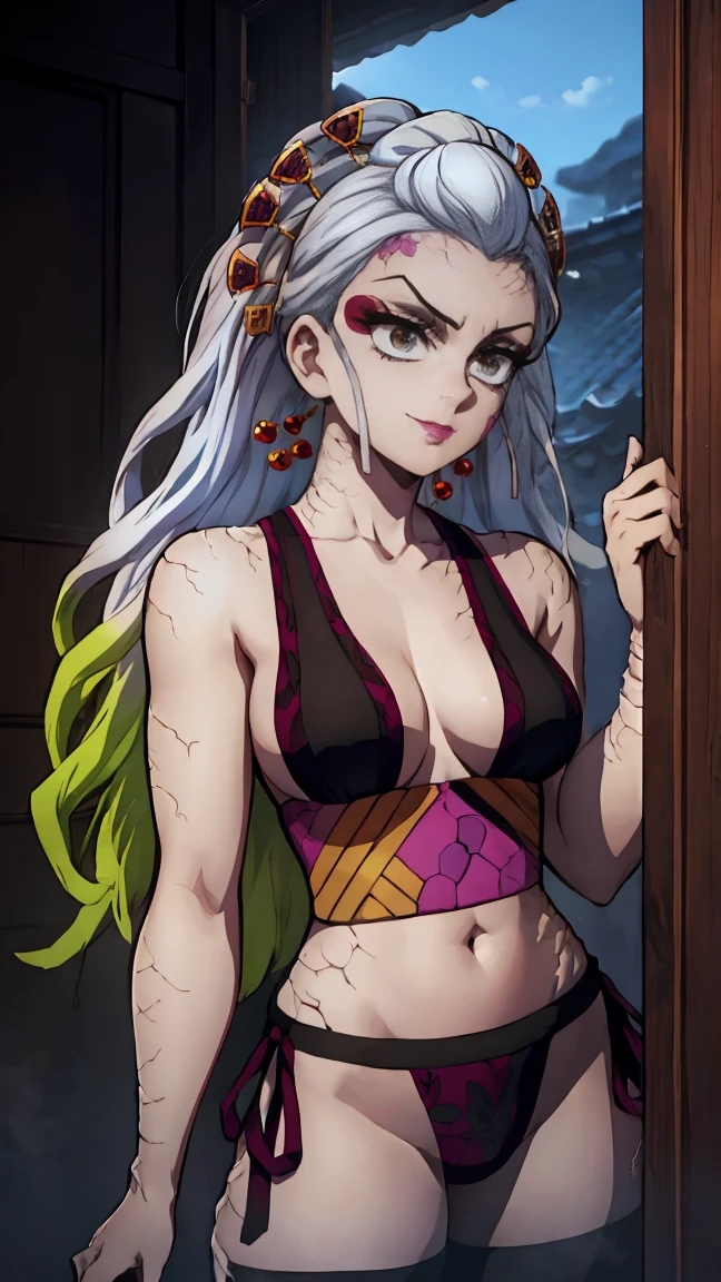 masterpiece, Best quality, High resolutions, ducky-def, daki-blank, 1 girl, only, long hair, old, Looking at the viewer, They are smiling, hair ornament, hipsjumping, navel, cutout, old medianos, Очень long hair, closed mouth, kana, multicolored hair, mark on face, hair stick, (cracked skin:1.4), ducky eyes, Bathroom for bathing,