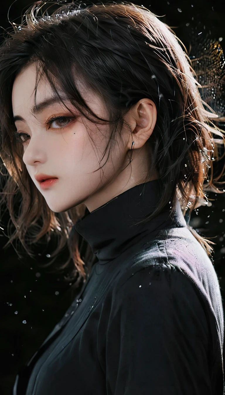 (best quality, masterpiece), 1 Girl, look down, wind, particle, Simple background, dark mood, Upper Body,