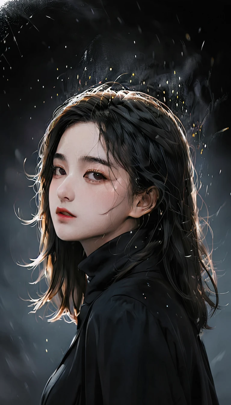 (best quality, masterpiece), 1 Girl, look down, wind, particle, Simple background, dark mood, Upper Body,