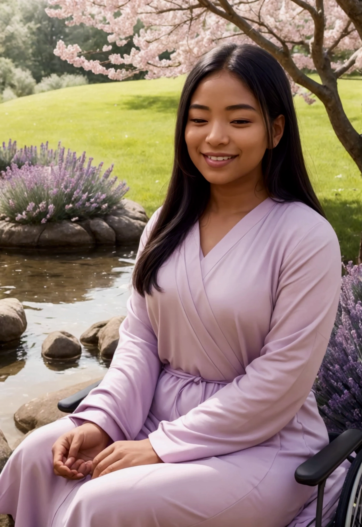 "A serene scene with a person sitting peacefully, surrounded by nature. They are smiling, embodying gratitude and contentment, despite having a visible imperfection or disability. The background should have soft, warm colors like pink and lavender, with hints of black to symbolize the contrast between life's good and bad moments."