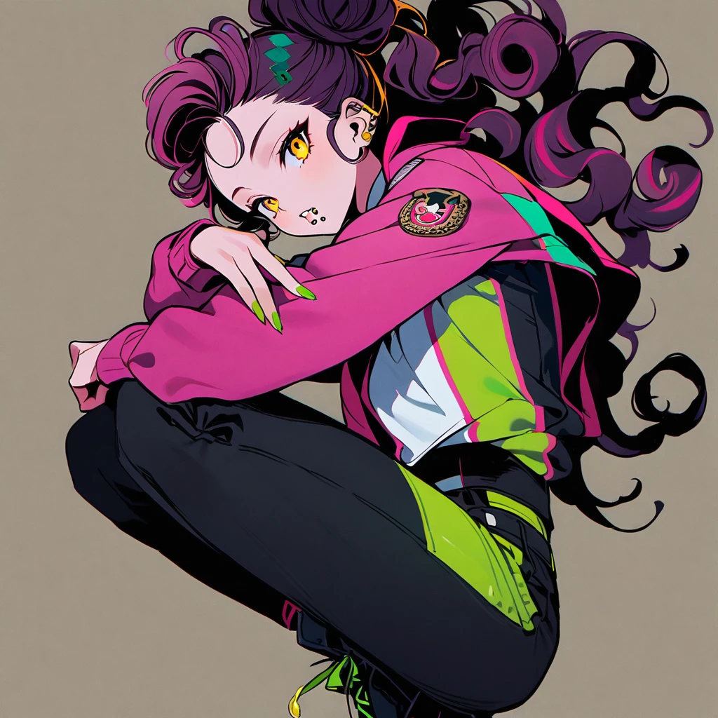 (well done: 1) man, dark pink long curly hair tied in a bun, yellow eyes, mouth piercing, green bracelet, green nails, white t-shirt with a symbol in the middle, pink jacket, black pants, high boots.