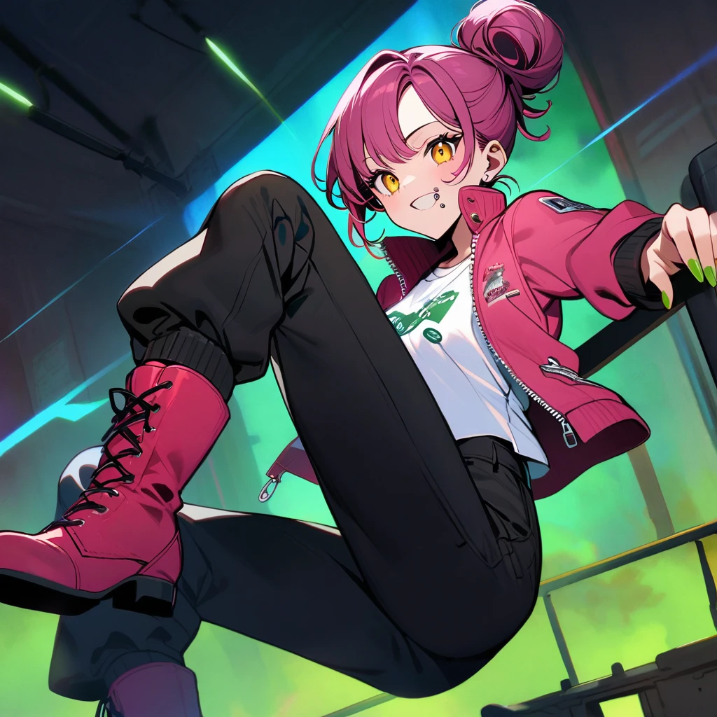 (well done: 1) man, dark pink long curly hair tied in a bun, yellow eyes, mouth piercing, green bracelet, green nails, white t-shirt with a symbol in the middle, pink jacket, black pants, high boots.