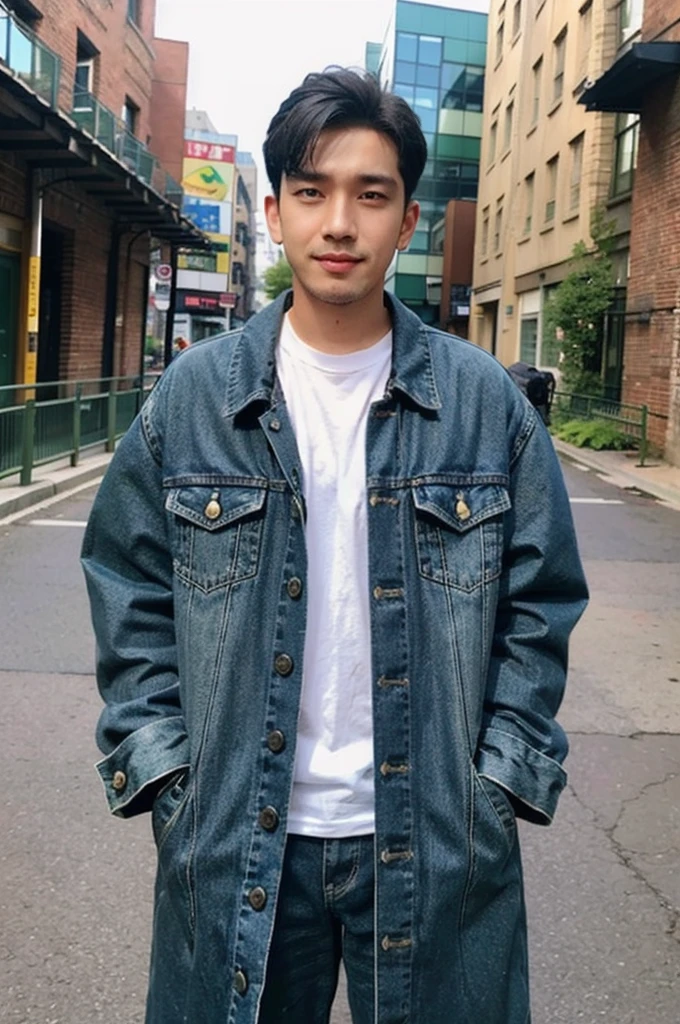 ((realistic daylight)) , Young Korean man in only a green t-shirt, no pattern. (Denim coat) Jeans, A handsome, muscular young Asian man looks at the camera. In a simple t-shirt blue and red , Along the canal ,turn sideways