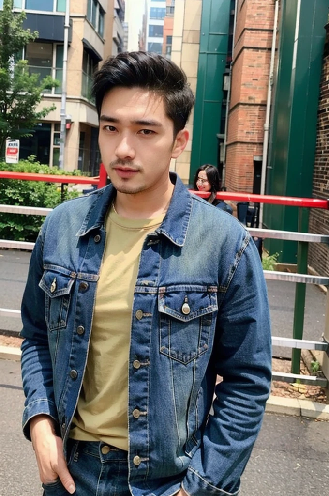 ((realistic daylight)) , Young Korean man in only a green t-shirt, no pattern. (Denim coat)  Jeans, A handsome, muscular young Asian man looks at the camera. In a simple t-shirt blue and red , Along the canal ,turn sideways