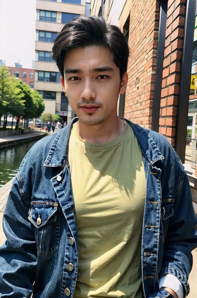 ((realistic daylight)) , Young Korean man in only a green t-shirt, no pattern. (Denim coat)  Jeans, A handsome, muscular young Asian man looks at the camera. In a simple t-shirt blue and red , Along the canal ,turn sideways