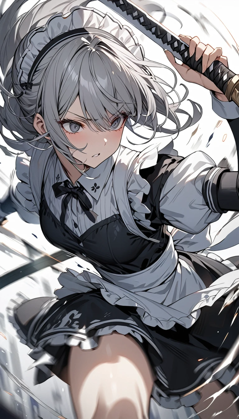 Highest quality　masterpiece　High resolution　masterpiece　Gray Hair　Dark Eyes　Maid-type Android　Combat type　Luminous Great Sword　fighting, sword fighting, motion blur