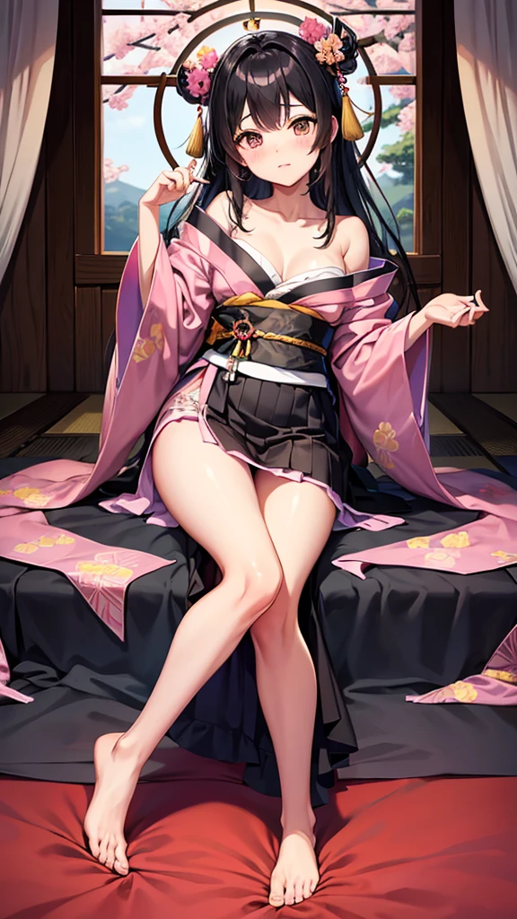 Meiji tatami、Shoulder、Black Hair、hostel、kimono、stand、barefoot、skirtlift,pink panty