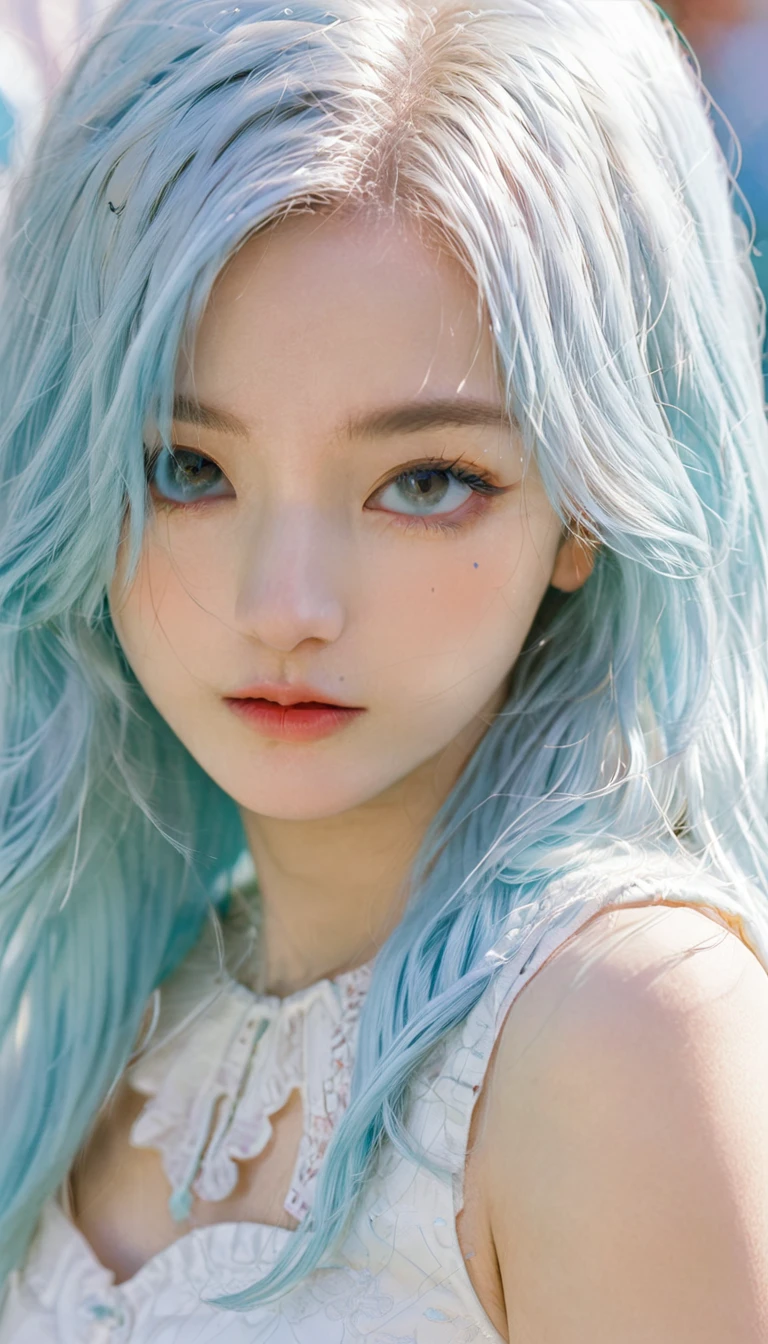 1 girl with long light blue hair, White skirt, Close-up of face