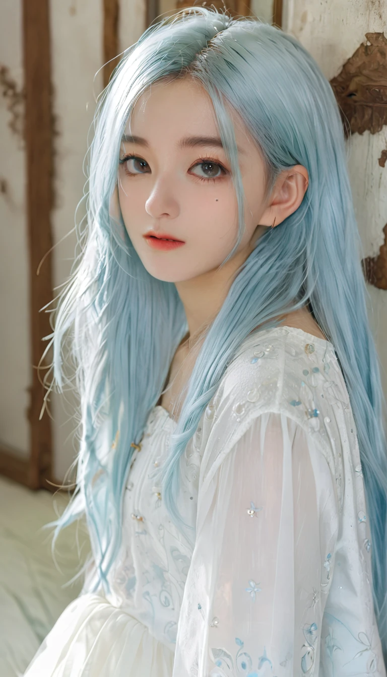 1 girl with long light blue hair, White skirt, Close-up of face