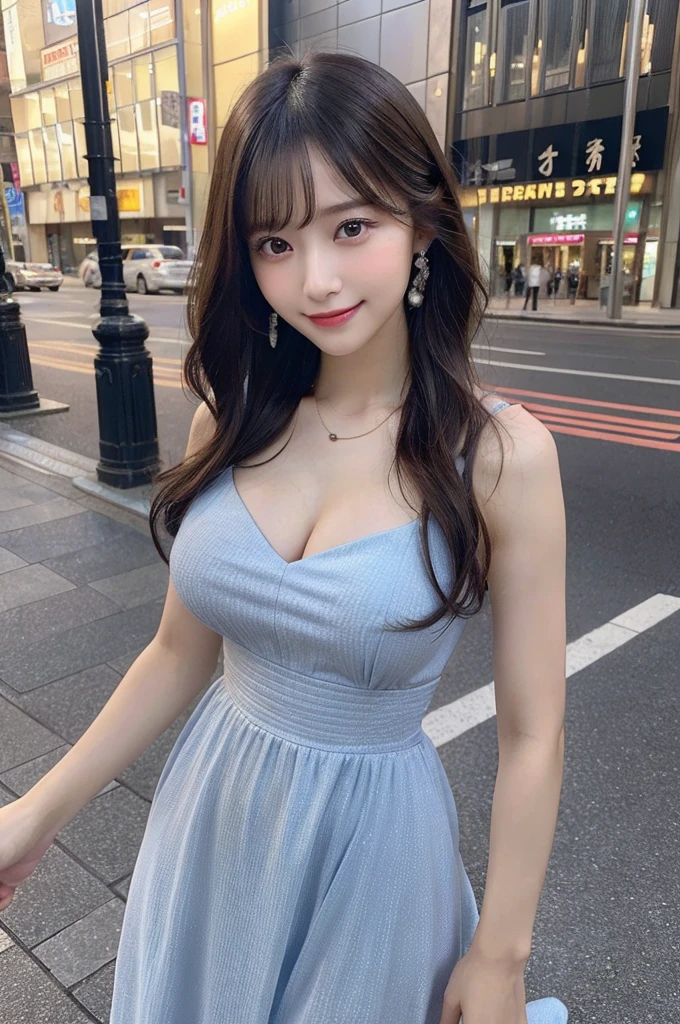 (8k, RAW photo, top quality, masterpiece: 1.2), (realistic, photorealistic: 1.37), three-dimensional, ultra detail, ultra high resolution, beautiful detailed face, one girl, beholder, constriction, slim waist, beautiful detailed skin, skin texture, floating hair, professional lighting, (Japanese beautiful and cute girl:1.2), long hair, curly hair, bob cut, beautiful hair, 20 years old, attractive breasts, (round breasts:1.2), (huge breasts:1.2), look at viewer, full body, in the city sidewalk, (smiles:1.1), bracelet, earing, necklace, (fancy dress, long dress, dress lift),