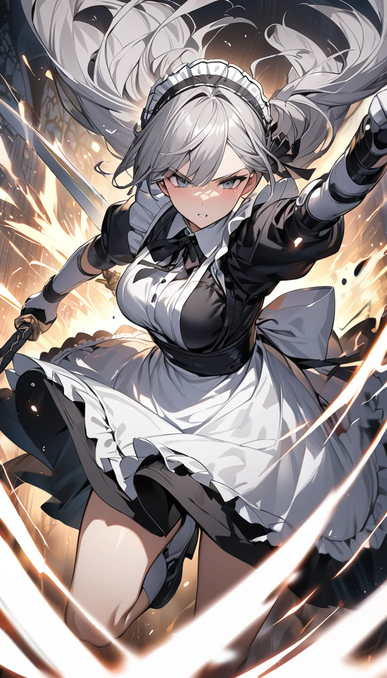 Highest quality　masterpiece　High resolution　masterpiece　Gray Hair　Dark Eyes　Maid-type Android　Combat type　Luminous Great Sword　fighting, sword fighting, motion blur