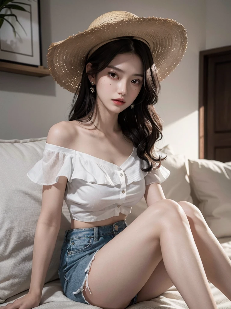absurdres, RAW photo, extremely delicate and beautiful, masterpiece, Best Quality, ultra high resolution, 32k, hyperrealistic, ultra-detailed, perfect figure, Perfect Style, Perfect balance, in her 20s, very small head, very small face, delicate facial features, tearful mole, earring, very huge breasts, bare legs, full body shot, medium hair, black hair, colored inner hair, casual, blouse, white shirt, buttoned shirt, bare shoulders, collarbone, midriff, navel, shorts, straw hat,