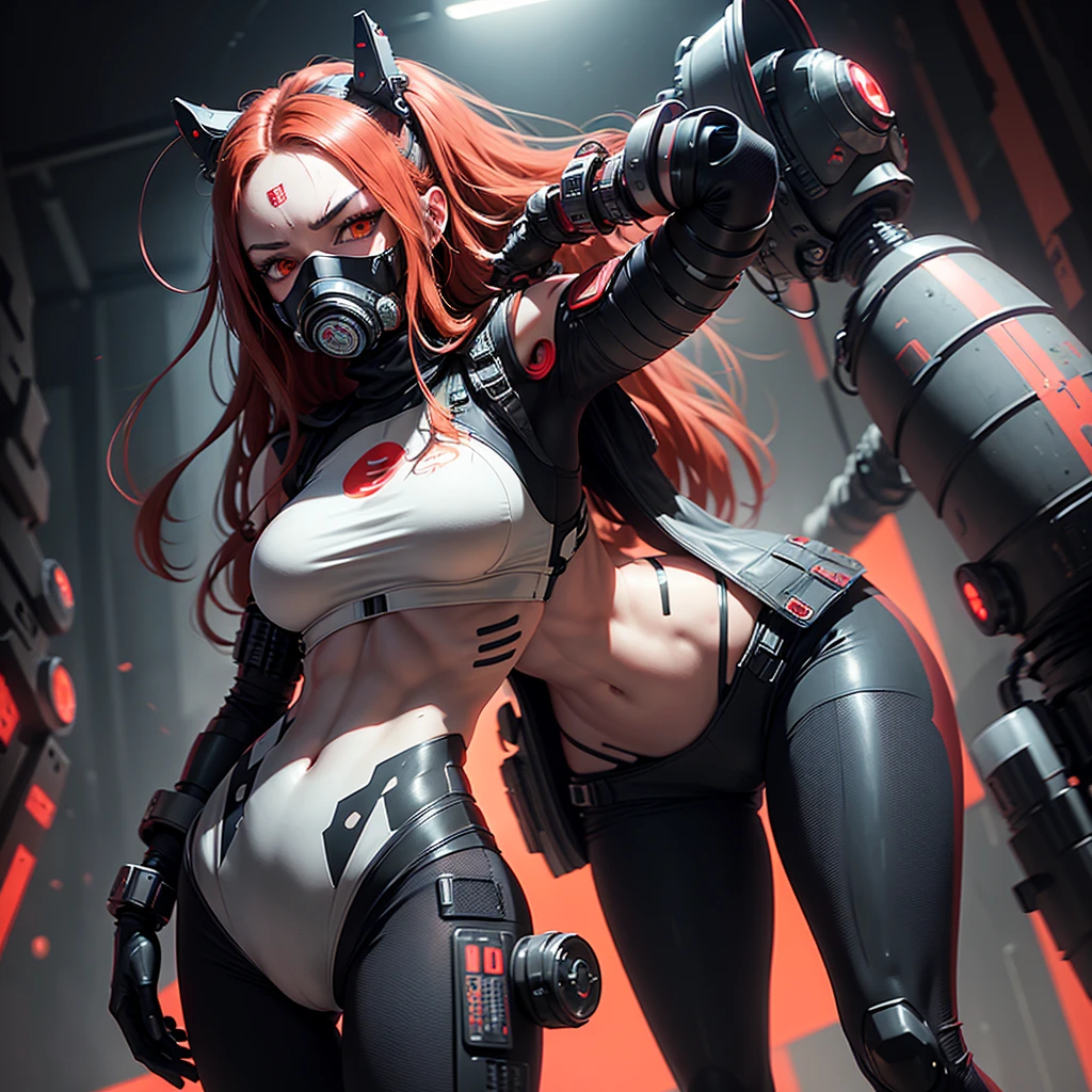 1 lonely girl with a mask large respirator gas mask with tubes on half the face fur half cyborg stands half sideways in a half turn she has a chic athletic figure and large hips she has rich red long hair and pale eyes and a black android cybernetic suit with small red elements dark cyberpunk image background mechanisms and red lights dark background space red planets lights contrast background