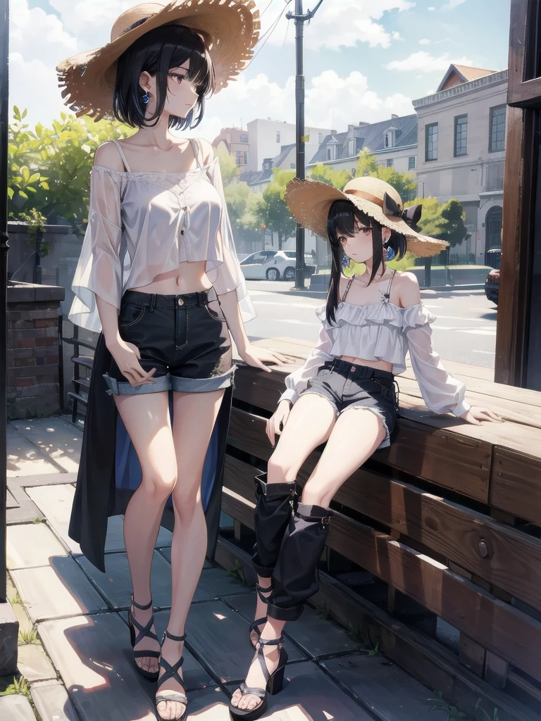 a short skirt，heeled sandals，Keep your toes in front of the camera