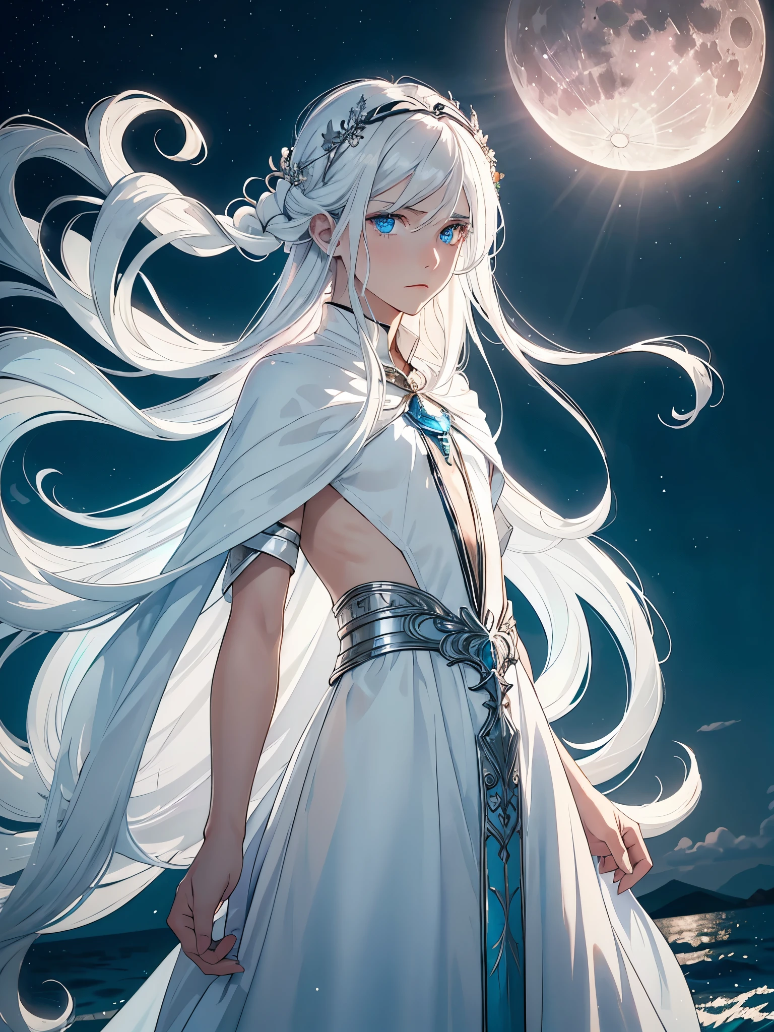 Boy. Mann. Flach. Long hair. long white hair. aquatic, boy, Goddess of the Moon, silver hair accessories, White hair, White dress, cape, at night, saturated colors, light eyes, bright, light blue light, blue eyes, Jewelry silver, bluish light, Full moon in the background, aquatic in der Luft rosa kerzen
