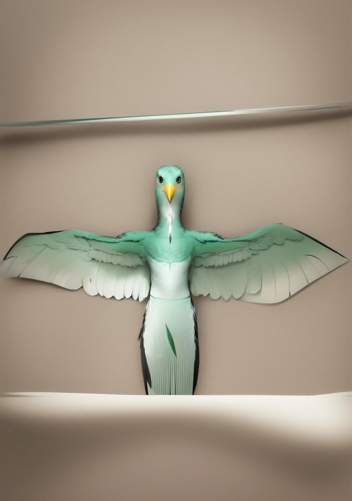 drawing of a bird with a green beak and asas abertas, your arms open ready to fly, wingspan style, wingspan, large wingspan, open wings glued with human arms, male aeromorph, ophanim has Bird wings, extended wings, icarus, humano alado, Bird wings, feather color brown 675650, black and white checkered neck