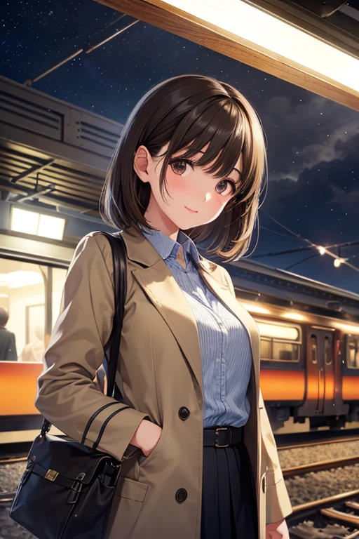 anegasaki nene、Shiny brown hair, short hair, (Beautiful brown eyes、Sparkling eyes, Fine grain)、smile、Ultra-detailed eyes、非常To詳細な顔, 非常To詳細な目,


(16K, RAW Photos, Realistic: 1.25), Highest quality,Artistic,
(((Train platform at night, Vintage wooden station,Spotlights illuminate the platform with cinematic lighting style))),

woman,,Green long coat,Passenger trains,Old-fashioned Boston bag,Dark and mysterious atmosphere,Dimly lit by street lights,深くなるToつれて, The background is々To々blurry bokeh effect,目Toは激しい感情が表れている,A soft and emotive color palette,A touching scene,Attention to detail, capturing every tear,Create a dreamy atmosphere、Slowly from the edge々Has a fade out effect。,