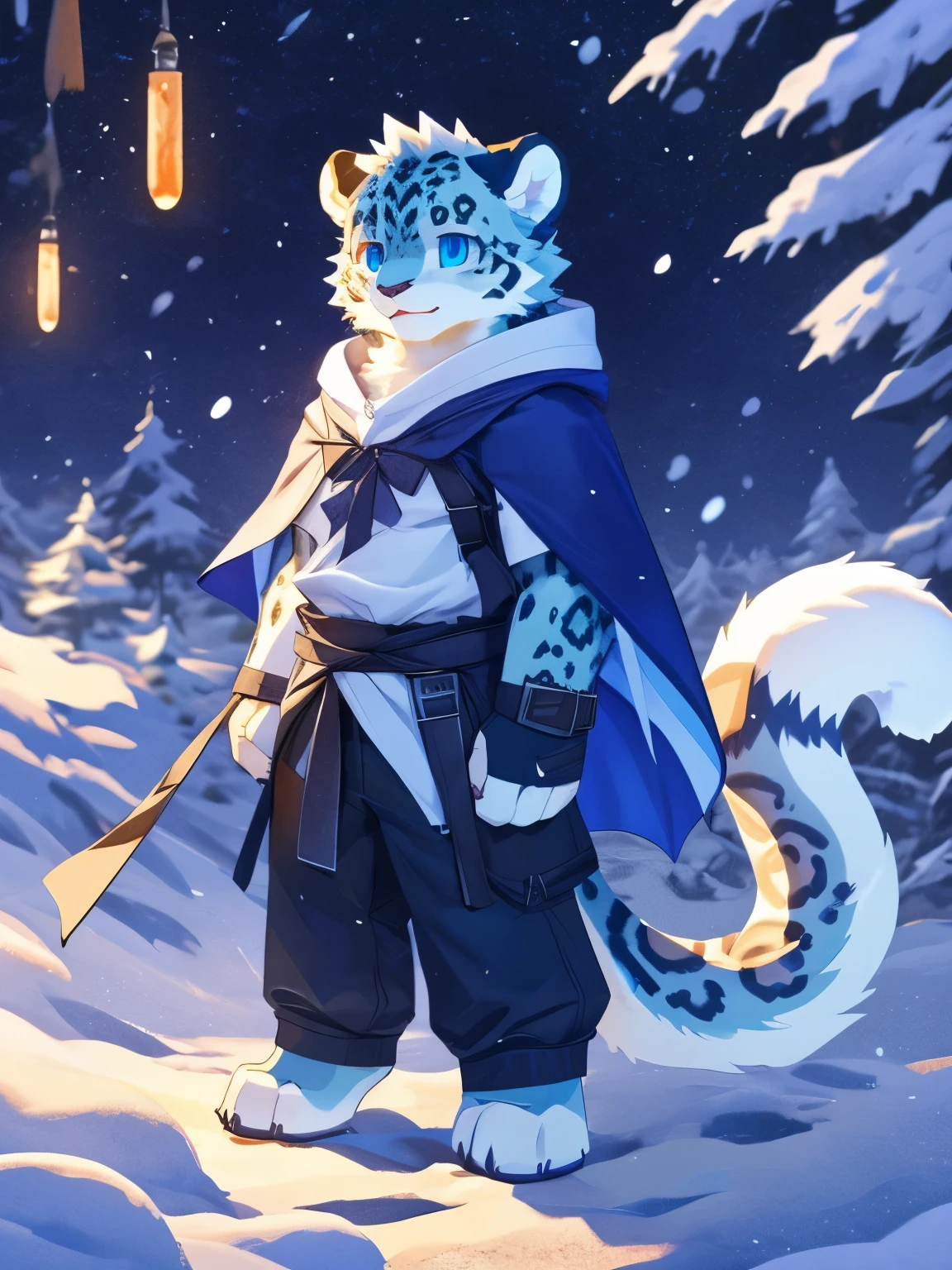 nj5furry，kemono，full-length portrait，anthro，hi res，male，juvenile，snow leopard，General，strong，Cyan cape，snow leopard，Fluffy hair，White plush paw，A tail，Fingerless gloves，Blue Eyes，Delicate eyes，Detailed eyes