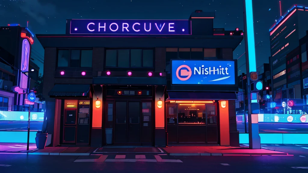the front of a nightclub, at night, no humans, no persons