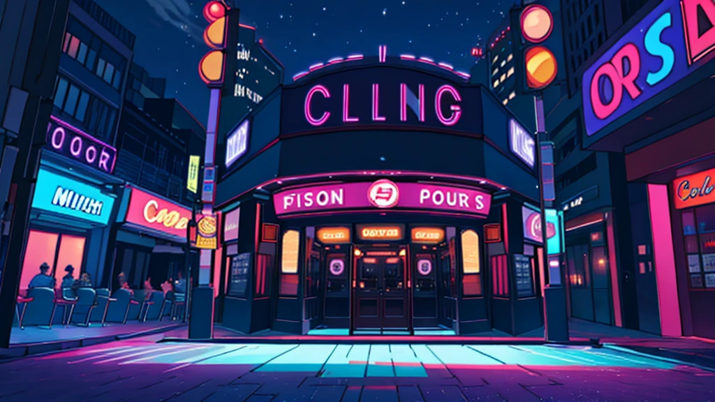 the front of a nightclub, at night, no humans, no persons