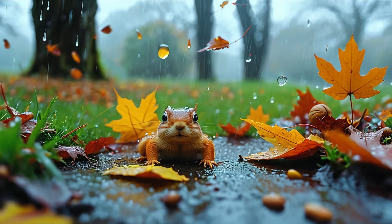 there is a nuts that is sitting on the grass in the rain, magical leafs falling, nature documentry footage, youtube video screenshot, today's featured photography 4k, autumn rain turkel, nature photography 4k, november, cinematic widescreen shot, leaves and magic, high quality screenshot, 2 0 2 1 cinematic 4 k framegrab, wide screenshot
