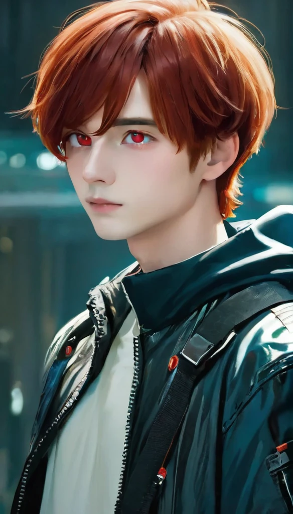 best quality, masterpiece, solo, 1boy,red hair, futuristik, jacket, red eyes,