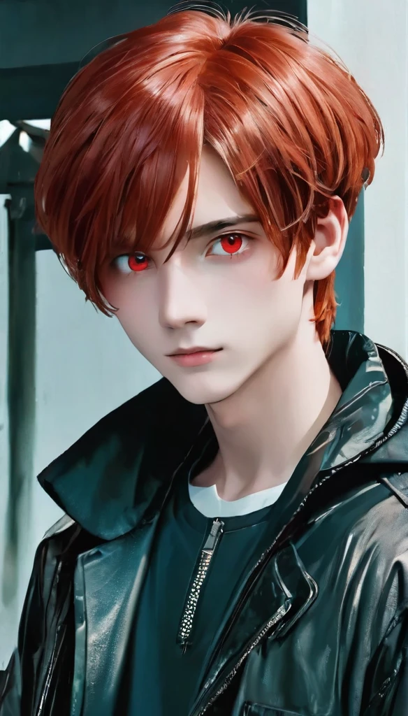 best quality, masterpiece, solo, 1boy,red hair, futuristik, jacket, red eyes,