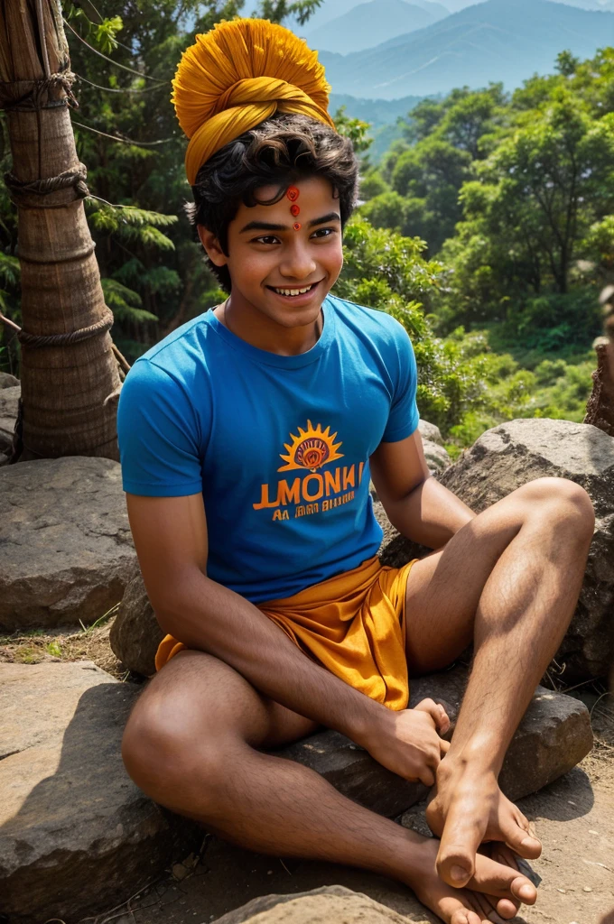 15 years old boy sitting and hanuman coming after him and hanuman's hand putting on Boy head on mountains. Both are smiling. boy is wearing saffron t-shirt and name "Ayush" write on it with bold. he looks very realistic, cute, tilak Deccan on your head, and happy. very realistic pictures, high quality picture, realistic mountain, forest moment.sun lights reflection , the words"Happy Hanuman Janmotsav" write top Sky. make sure text must be correct & Visible.