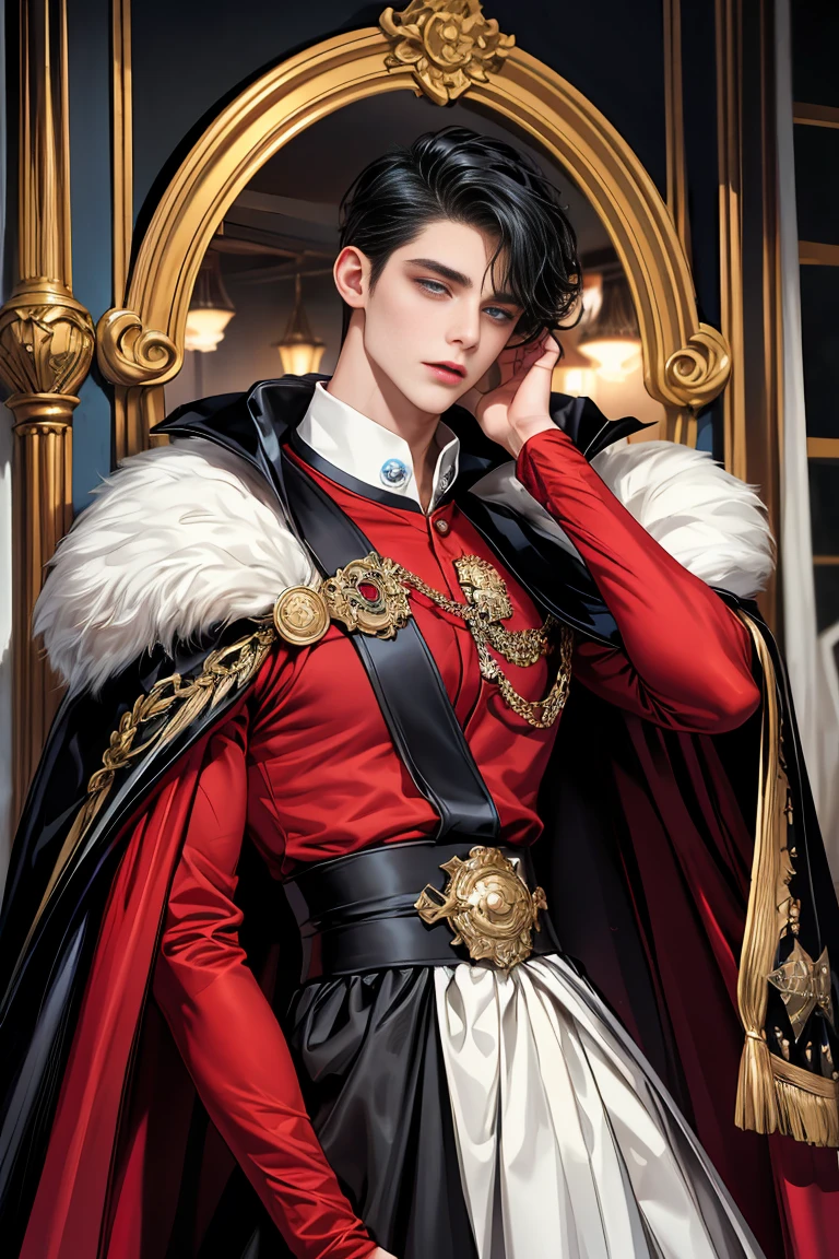 masterpiece, 最high quality, high quality, 1 boy, alone, Male focus, Watching the audience, Messy black hair, Adorable big blue eyes, White people, Noble, Noble,A sexy, voluminous, puffy cape、vampire、A very voluminous, large, very large, very large, long, long red and black cape with a high stand-up collar, made of a lot of fabric that reaches down to the floor., ,Cute beautiful boys,Cute, cute, kind, handsome guy