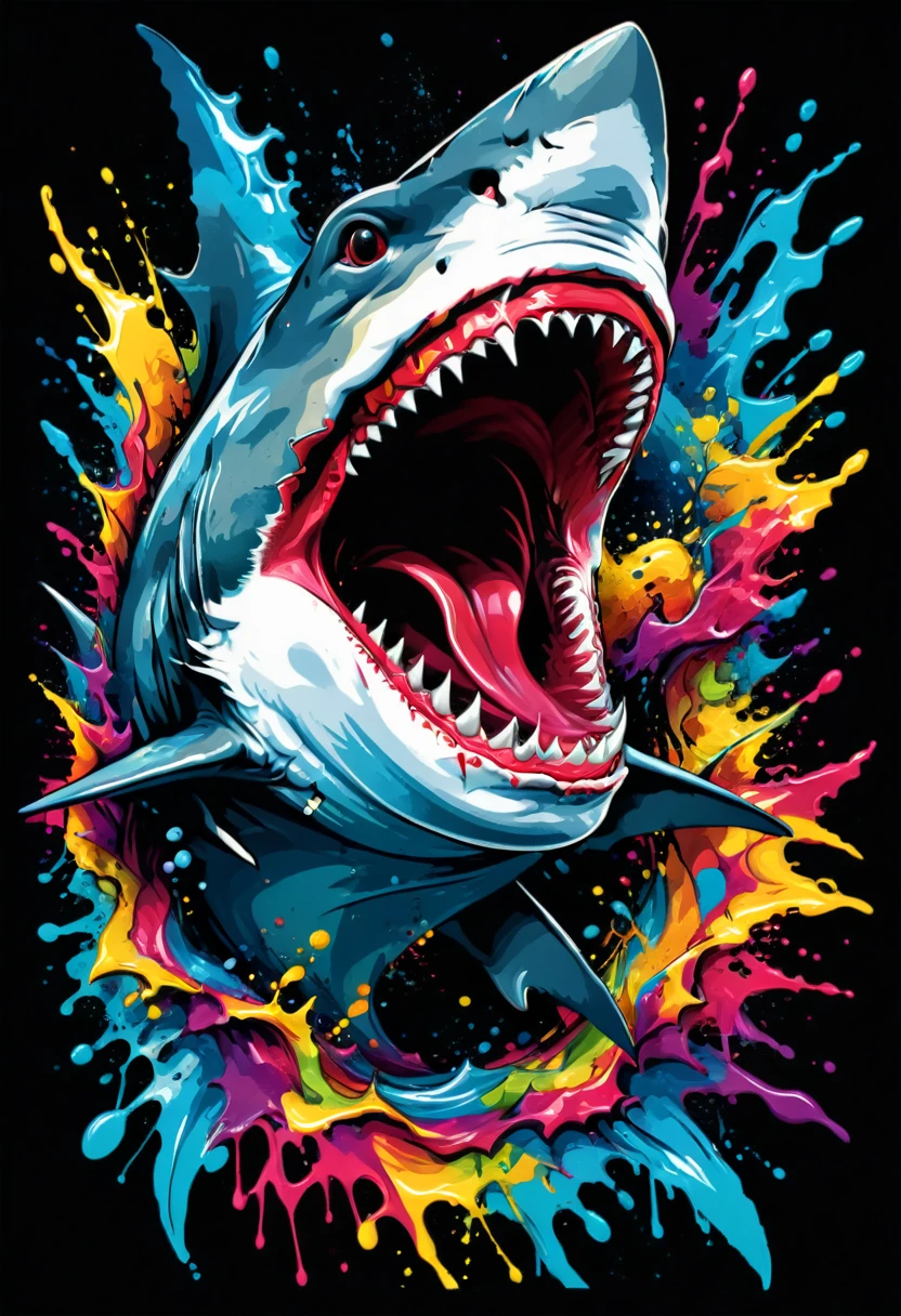 Vector art for t-shirt with splash of paint, of a colorful illustration, shark with open mouth furious, UHD, High detail in 32k, background with black border (artwork, best quality, professional, perfect composition, very aesthetic, absurd, Super detailed , Intricate details:1.3)