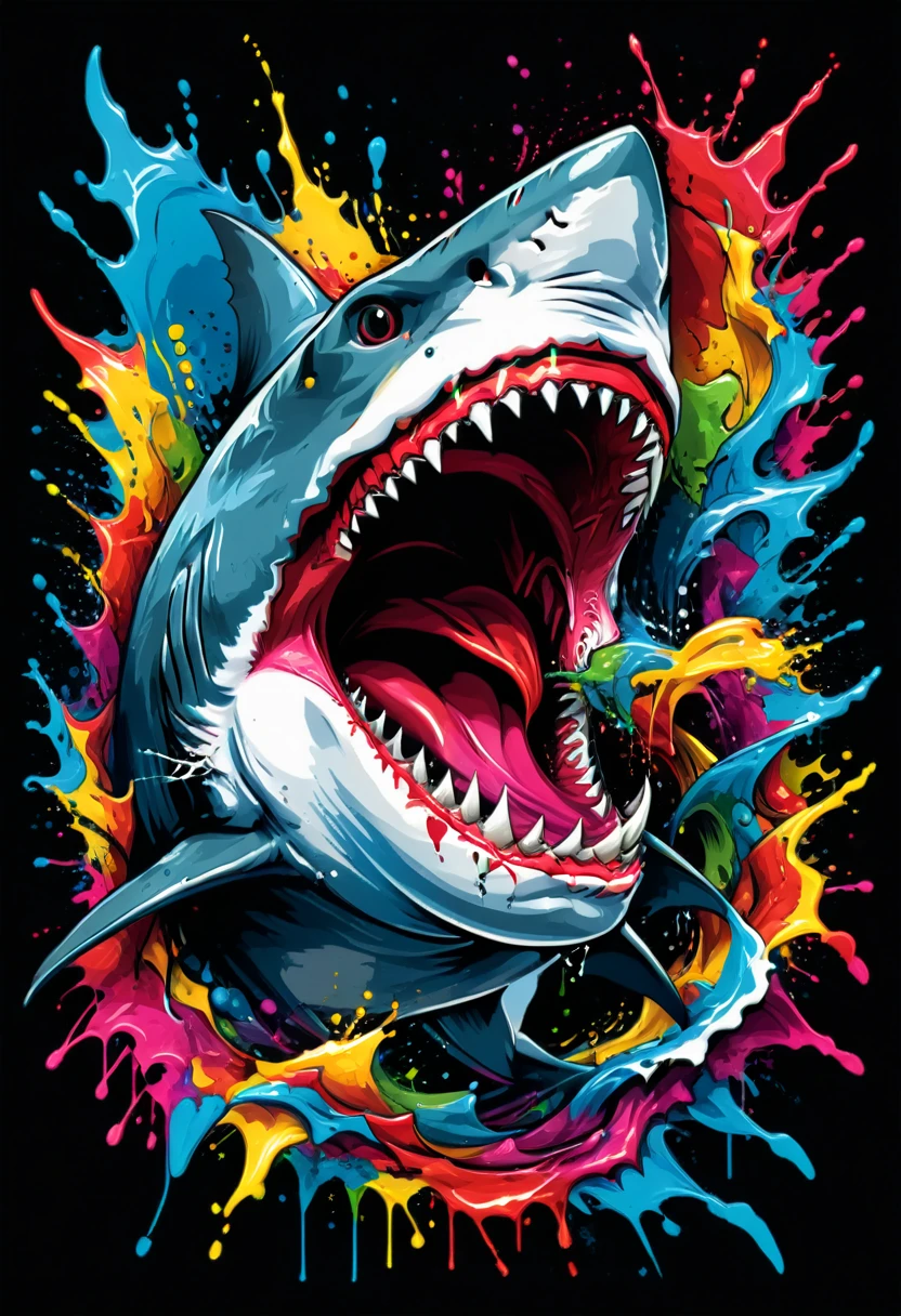 Vector art for t-shirt with splash of paint, of a colorful illustration, shark with open mouth furious, UHD, High detail in 32k, background with black border (artwork, best quality, professional, perfect composition, very aesthetic, absurd, Super detailed , Intricate details:1.3)
