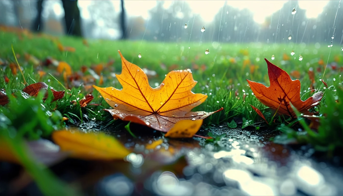 there is a leaf that is sitting on the grass, magical leafs falling, nature documentry footage, youtube video screenshot, today's featured photography 4k, autumn rain turkel, nature photography 4k, november, cinematic widescreen shot, leaves and magic, high quality screenshot, 2 0 2 1 cinematic 4 k framegrab, wide screenshot