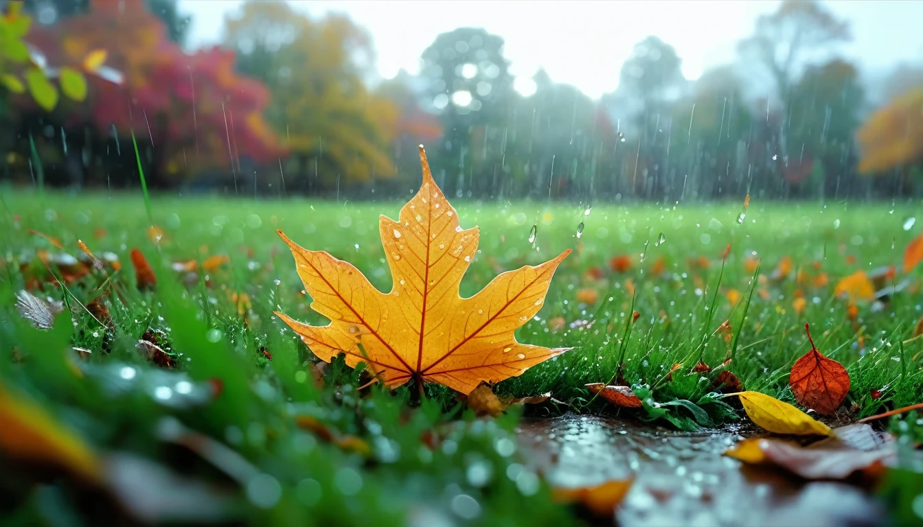 there is a leaf that is sitting on the grass, magical leafs falling, nature documentry footage, youtube video screenshot, today's featured photography 4k, autumn rain turkel, nature photography 4k, november, cinematic widescreen shot, leaves and magic, high quality screenshot, 2 0 2 1 cinematic 4 k framegrab, wide screenshot
