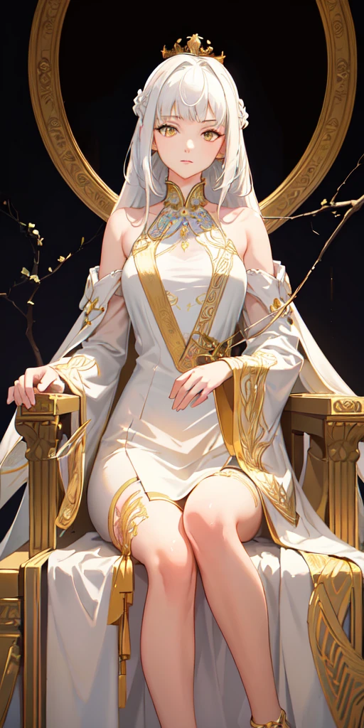 masterpiece, ultra detailed, 8K Portrait, Raw photo, a portrait photo of, Highly detailed face, beautiful and meticulous eyes, ((Fantasy)), beautiful woman, (((expressionless))), (((Mature look))), (((goddess))), tall, extra long blond messy hair, gentle face, (((skin as white as pearl))), (((white silk long cloak))) Fluttering in the wind, (((golden staff))), bare foot, Midday Sun, Hyper realistic, Body model, medium breasts, Beautiful breasts, Long legs, in heaven, lie down on the couch, Ambient lighting, Shadow details, Camera focus on face, strong breeze, Light fog