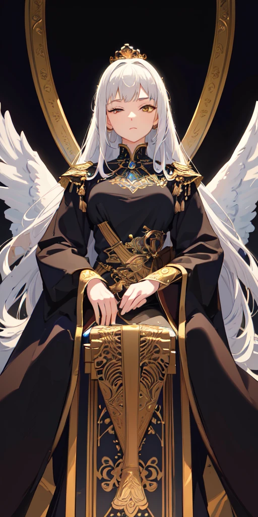 (Masterpiece:1.2), best quality, (illustration:1.2), (ultra-detailed), hyper details, (delicate detailed), (intricate details), (cinematic light, best quality Backlights), clear line, from below, soloist, perfect body, (1girl), white hair and yellow eyes, (emperor, black see-through clothes), (crown: 1.1), sitting on the throne, eyes slightly closed, head down, (shy: 1.2 ), (makeup), high contrast, (best illumination, an extremely create and beautiful), (cinematic light), colorful,
