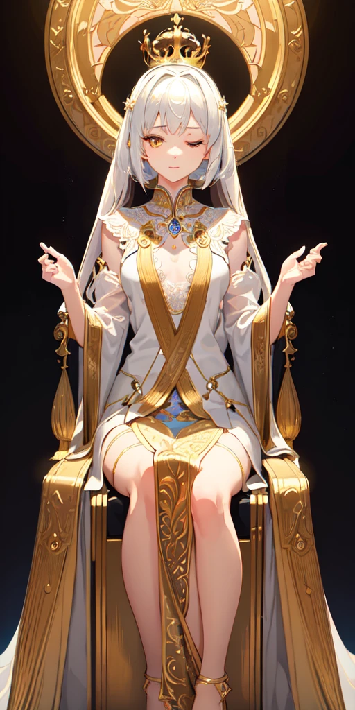 (Masterpiece:1.2), best quality, (illustration:1.2), (ultra-detailed), hyper details, (delicate detailed), (intricate details), (cinematic light, best quality Backlights), clear line, from below, soloist, perfect body, (1girl), white hair and yellow eyes, (emperor, black see-through clothes), (crown: 1.1), sitting on the throne, eyes slightly closed, head down, (shy: 1.2 ), (makeup), high contrast, (best illumination, an extremely create and beautiful), (cinematic light), colorful,