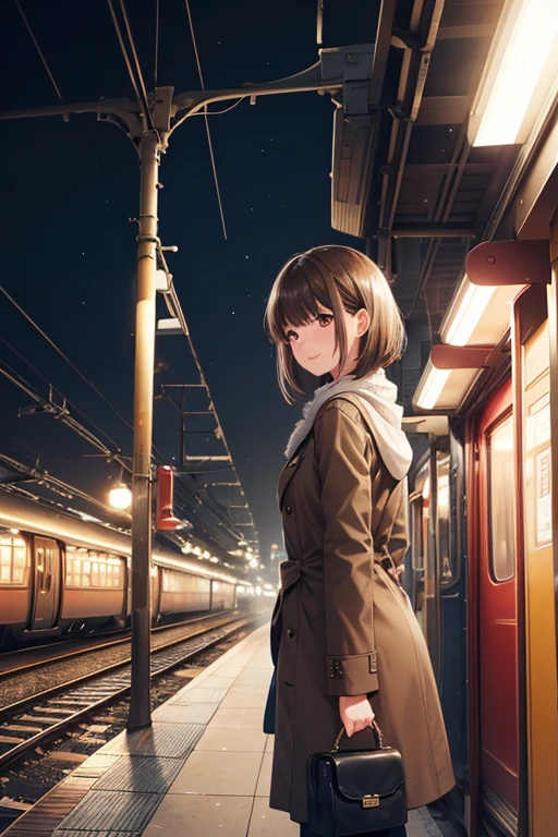anegasaki nene、Shiny brown hair, short hair, (Beautiful brown eyes、Sparkling eyes, Fine grain)、smile、Ultra-detailed eyes、非常To詳細な顔, 非常To詳細な目,


(16K, RAW Photos, Realistic: 1.25), Highest quality,Artistic,
(((Train platform at night, Vintage wooden station,Spotlights illuminate the platform with cinematic lighting style))),

woman,,Green long coat,Passenger trains,Old-fashioned Boston bag,Dark and mysterious atmosphere,Dimly lit by street lights,深くなるToつれて, The background is々To々blurry bokeh effect,目Toは激しい感情が表れている,A soft and emotive color palette,A touching scene,Attention to detail, capturing every tear,Create a dreamy atmosphere、Slowly from the edge々Has a fade out effect。,