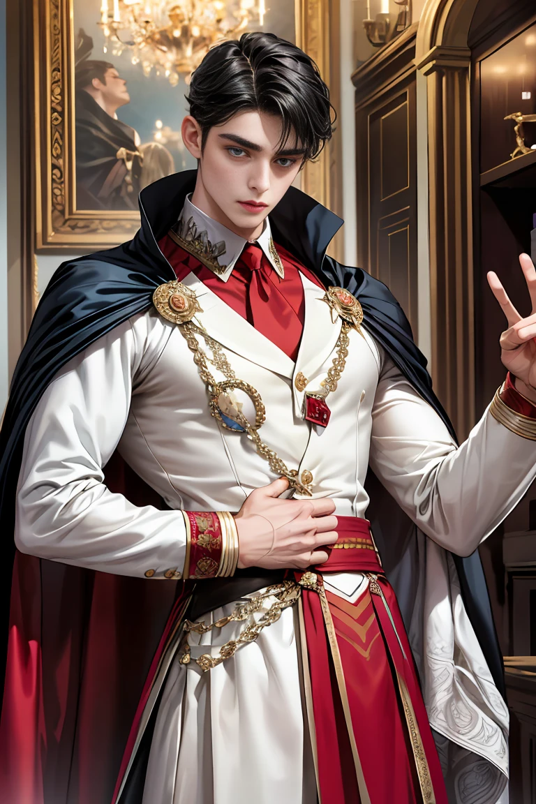 
masterpiece, 最high quality, high quality, 1 boy, alone, Male focus, Watching the audience,  Messy black hair, Adorable big blue eyes, White people, Noble, Noble,Sexy voluminous cape、vampire、A very voluminous, large, very large, very large, long, long red and black cape with a high stand-up collar, made of a lot of fabric that reaches down to the floor., 17 years old,Cute beautiful boys,Cute, cute, kind, handsome guy