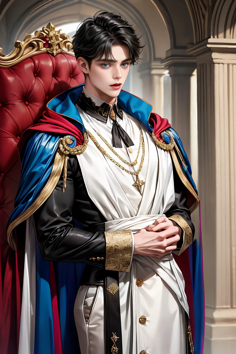 masterpiece, 最high quality, high quality, 1 boy, alone, Male focus, Watching the audience, Messy black hair, Adorable big blue eyes, White people, Noble, Noble,Sexy voluminous cape、vampire、A very voluminous, large, very large, very large, long, long red and black cape with a high stand-up collar, made of a lot of fabric that reaches down to the floor., ,Cute beautiful boys,Cute, cute, kind, handsome guy