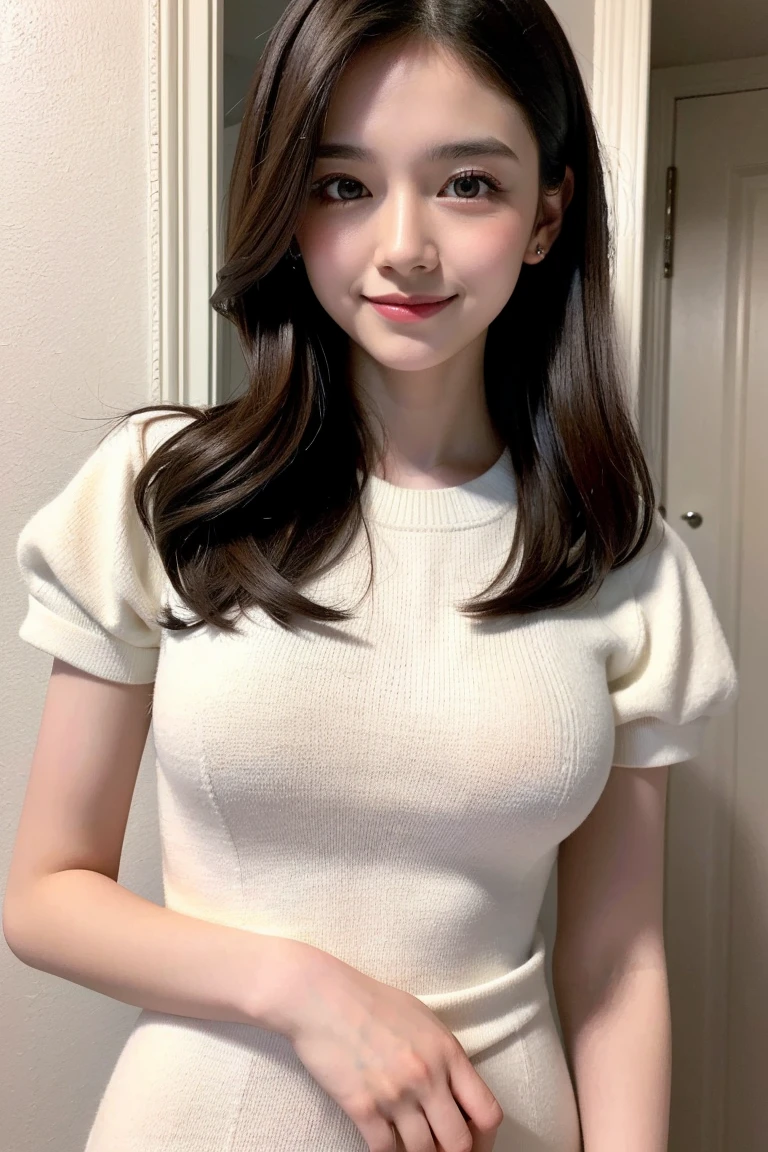 cute, (cute 1girl:1.35, 20-year-old), realism, (High resolution), ((Chiaroscuro, ray tracing lighting)), ((Top quality realistic textured skin)),((Highest quality realistic textured hair)), ((The most absurd nature: Perfect body)), ((Small Head:1.3)), slim and muscular body, ((Perfect balance)), ((Anatomically correct)), ((Perfect Dynamic Posture, Super K-Pop Idols)), ((Very detailed beautiful slim round face:1.3)), Light pale complexion, ((Very detailed, crisp and sharp perfect round realistic aqua_left eye:1.2)), ((Very detailed, crisp and sharp, Perfectly round and realistic crimson_right eye:1.2)),Detailed pupil, Best detailed lips, ((Perfect Professional Delicate Everyday Makeup)), ((Spacious, fluffy white knit dress:1.3)), A close-up of her face, (Architectural masterpieces behind the scenes, Victorian bathroom features modern nautical accents:1.25), ((A radiant smile, Fun atmosphere)), ((Perfect for everyday subtle makeup)),