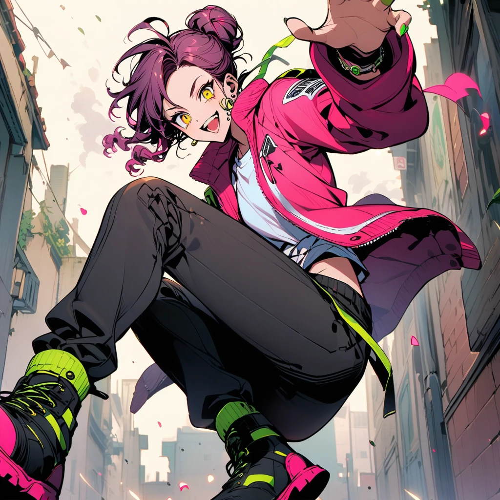 (well done: 1) man, dark pink long curly hair tied in a bun, yellow eyes, mouth piercing, green bracelet, green nails, white t-shirt with a symbol in the middle, pink jacket, black pants, high boots.